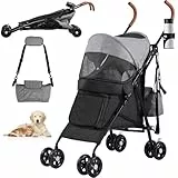YITAHOME Haustierbuggy für kleine bis mittelgroße Hunde, 4-Rad-Hundebuggy mit Schultergurten, faltbarer Haustier-Reisewagen mit Getränkehalter und Aufbewahrungstasche (Grau Schwarz)