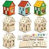 MONCAP 7 Stück Herbsthaus Bastelset Kinder Herbsttiere Basteln Holz Tier Kreativsets Herbst Deko Bastelset Tier Kunsthandwerk mit 2 Pinsel für Mädchen Jungen Party Geschenk