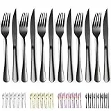 Evanda Schwarzes Steakbesteck 12 teilig, Schwarzes Titanbeschichtung Edelstahl 6 Tafelgabeln und 6 Tafelmesser Set, Steakmesser Steakgabeln, spülmaschinenfest