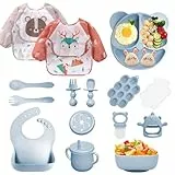 Bizcasa 14er Baby Geschirrset, Silikon Baby Weaning Besteck Set, Rutschfest, Teller, Schüssel, Lätzchen, Löffel, Gabel, Fruchtsauger, Babybrei Einfrieren Behälter, Beißring Baby, BPA Frei (Graublau)