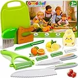 Kindermesser,11-teiliges Montessori Spielzeug Sets,ideal zum Schneiden von Obst und Gemüse,Mit Montessori Holzmesser,Kinder Schäler mit Ersatzklingen,Kochmesser,Wellenmesser,Schneidebrett(Krokodil
