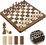2IN1 Schachspiel Magnetisch -39x39cm Klappbares Schachbrett Holz Hochwertig mit 32 Schachfiguren & 2 Zusätzliche Damen, Schach für Erwachsene und Kinder