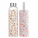 Autsel 1 liter Glasflasche Trinkflasche Glas Sport Borosilikat Glass Bottle Wasser Flasche mit Neopren-Hülle mit Auslaufsichere Abdeckung