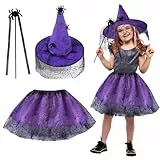Kitimi Halloween Kostüm Mädchen Hexenkostüm Kinder, Hexen Verkleidung Set mit Tütü -Kleid Hexenhut und Zauberstab, Hexenkleid Zubehör Cosplay Kostüm für Halloween Karneval Party