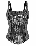 GRACE KARIN Damen Glitzernde Ärmellos Tanktop Pailletten Oberteil mit Spaghettiträger Tanz Party Träger Tops Schwarz-Silber XL