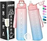 AOHAN Trinkflasche Sport 1l, Wasserflasche Tritan BPA-Frei, Auslaufsicher Trinkflasche mit Strohhalm, Sportflasche mit Filter und Zeitmarkierung für Fitness Radfahren Schule Büro und Outdoor