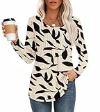 MOLERANI Langarmshirt Damen Elegant Oberteile Rundhals Locker T-Shirt mit Plissee Casual Basic Shirt Bluse Aprikose Schwarzes Blatt 2XL