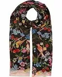 FRAAS Damenschal XL | reine Seide 100x200 cm | buntes Pflanzen Vogel Katzen Design | vielseitig tragbar Caviar