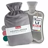 Blumtal Premium Wärmflasche mit Bezug Samt - Wärmeflasche aus verwendungssicherem Naturkautschuk mit Samtbezug - auslaufsichere 1,5 L Bettflasche - beruhigend & wärmend - Wärmflaschenbezug Grau