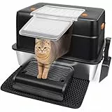 Vivifying Katzenklo Edelstahl mit Deckel, XL Leicht zu Reinigen und Geruchsresistent Katzentoilette Edelstahl, Rostfreier Stahl Katzenklo mit Pedals, Schaufel und Matte (Schwarz)