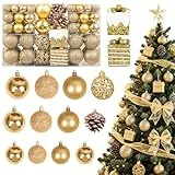 JHWELRG Weihnachtsdeko 101tlg Weihnachtskugeln Set,mit Gold Matt, Glänzend,Glitzernd,Weihnachtsbaumkugeln Kunststoff Set und Tannenzapfen Weihnachtsbänder für Adventskalender Weihnachtsbaum Deko