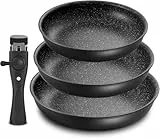 Fadware Pfannenset Induktion, Antihaftbeschichtete Bratpfanne 20, 24, 28 cm mit Abnehmbarem Griff für Kleine Küchen & Wohnmobile, Pfannen Set Stapelbar Platzsparend, für Alle Herdarten, Backofenfest