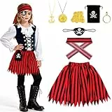 AOOWU Pirat kostüm für Kinder, 8-teiliges Piraten-Kostüm mit Piratenrock, Halskette, Augenklappe, Stirnband, Piratenkarten, Ohrringe,Geldbörse,Goldmünzen, Piratenkostüm für Karneval Halloween Cosplay