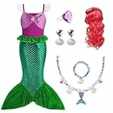AOOWU Meerjungfrau Kostüm Mädchen, 6-Teiliges Set Meerjungfrau Kleid Mädchen mit Perücken, Halsketten, Armbänder, Ohrringe, Ringe, Kostüm Kinder für Karneval Party Halloween Weihnachten Cosplay（120cm）
