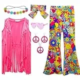 XonyiCos karneval kostüm kinder Mädchen 60er 70er Jahre Hippie Kostüm Disco Outfits Fransenweste Boho Bell Bottoms Hippie Outfits karneval kostüm kinder Set (Frieden Liebe, 7-8 Jahre)