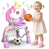 POPERFUN Basketballkorb Kinder & Fussballtore für Garten Kinder 1-3 Jahren, Einhorn Geschenke für Mädchen 12-36 Monate, Basketballkorb Indoor mit Lichtern Sound Musik, Weihnachts Geburtstagsgeschenke