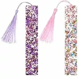 Piriuuo 2 Stück Lesezeichen aus Kunstharz, Glitzernde Lesezeichen mit Quaste aus Kunstharz Lesezeichen Personalisiert mit Quaste Geschenke für Frauen und Mädchen, Kinderbuchliebhaber (Lila + Pink)