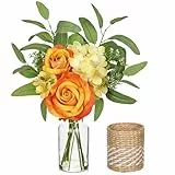 Hollyone Künstliche Blumen Rosen mit Vase, Falsche Rose Blumen Orange, Faux Pflanzen und Blumen in Vase, Hortensie Seidenblumen in Glasvase für Tisch Centerpiece, Haus, Büro, Hochzeit Dekoration
