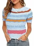 Saodimallsu Damen T-Shirt Gestreifte Kurzarmpullover mit Farbblock Damen Sommer Strickpullover Leichte Casual Oberteile, Hellblau, XL