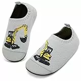 VOLHAL Hausschuhe Kinder Mädchen Junge Barfussschuhe Pantoffeln Lauflernschuhe Rutschfest Kindergarten für Atmung saktive Weich Kleinkinder Schuhe Unisex(Bagger Grau 26EU)