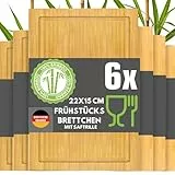 DuneDesign Frühstücksbrettchen Holz 6er Set - Bambus Holzbrett 22x15cm für Küche & Frühstück - stabiles Stullenbrett für Vesper, Brotzeit und Snacks - langlebiges Schneidebrett klein - Brotbrett eckig