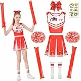 Charmofun Cheerleader Kostüm Kinder, Cheerleader Outfit Mädchen, Cheerleading Uniform Kinder mit Pompoms, Cheerleading-stäbe, Socken, Kopfschmuck, Faschingskostüme Kinder für Karneval Halloween