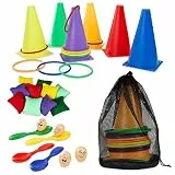 KreativeKraft Outdoor Spiele für Kinder Set Kindergeburtstag Spiele für Draußen Party Wurfspiele Gartenspiele Eierlauf Spiel Sackhüpfen Ringe (4-in-1-Set)