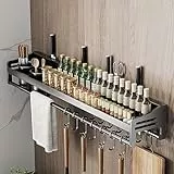Tielag Gewürzregal Wand, Küchenregal Hängend Ohne Bohren, Wandregal Küche, 80×13.4×12CM Gewürz Organizer Metall, Gewürzhalter mit Haken und 2 Utensilienhalter, Handtuchhalter, Messerhalter, Grau