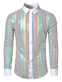 FYMNSI Herren Pailletten Langarm Hemd 70er Disco Party Kost�m Slim Fit Button Down Metallic Gl�nzend Kleid Shirts Nachtclub Top Freizeithemd 80er Jahre Outfit Karneval Fasching Oberteil Regenbogen 3XL