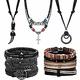 Kakonia 11 Stück Lederarmband Lederkette Herren Damen Schmuck Set Geflochtene Boho Ethnische Wickelarmband Handgefertigte Manschette Verstellbare Armbänder Halskette