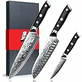 SHAN ZU Damastmesser-Set, 3-teilig japanisches Superstahl-Damast-Küchenmesser-Set, hochkohlenstoffreiches professionelles ultrascharfes Kochmesser-Set mit G10-Griff Geschenkbox