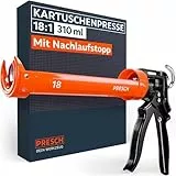 Presch Kartuschenpresse 18:1 Übersetzung & Nachlaufstopp - Silikonspritze für Kartuschen bis 310ml (Mittlere Viskosität, Montagekleber) - Kartuschenpistole 360° drehbar inkl. Einstechwerkzeug