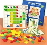 Mosaik Holzpuzzle Montessori Spielzeug ab 3 4 5 6 Jahre Tangram Kinder Hölzerne Muster Blöcke Set Geometrischen Formen Puzzles mit 120 Bausteine und 20 Doppelseitigen Designkarten für Jungen Mädchen