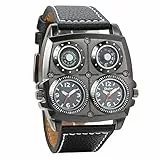 Avaner Herren Uhr analog Japanisches Quarzwerk mit Leder Armband 2 Zeitzonen Armbanduhr Schwarz Sport AN004-001