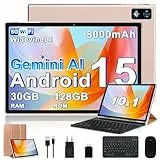 2026 Neuestes Android 15 Tablet 10 Zoll mit Gemini AI, 30 GB RAM + 128 GB ROM, 8-Core 2,0 GHz, 8000 mAh, GMS, Widevine L1, GPS, OTG, 5G WiFi 6 & BT 5.0, Tablet-Sonderangebot mit Tastatur und Maus–Gold