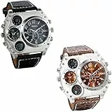 JewelryWe 2pcs Herrenuhren Zwei Zeitzone Kompass Thermometer Kalender Analog Quarz Armbanduhr Leder Armband Sportuhr mit Digital Zifferblatt Schwarz/Braun