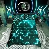 Homewish Blaugrün-schwarze Jungen-Bettwäsche, Einzelbett, neontürkis, geometrische Waben-Bettwäsche, sechseckig, modern, modisch, geometrisches Bettwäsche-Set, wendbar, schwarz, 1 Kissenbezug