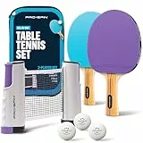 PRO-SPIN Tischtennisschläger Set - Mit Tischtennisnetz Für Jeden Tisch, Tischtennis bälle 3-Sterne, Tasche/Hülle|Ausziehbares Mobiles Tischtennis Netz (Set für 2 Spieler, Lila/Blau)