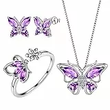 Aurora Tears Schmetterling Halskette/Ohrringe/Ringe Set 925 Sterling Silber Februar Birthstone lila Amethyst Schmuck Set Tiere Schmuck Geschenk für Frauen und Mädchen DS0039P