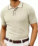 PJ PAUL JONES Herren-Poloshirt, gestrickt, kurzärmelig, strukturiert, Golf-Polo-T-Shirts, Beige-1, L