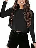Imily Bela Langarmshirt Damen Cropped T Shirts Casual Loose Rundhals Crop Tops Oberteile Basic Tees Shirts.Schwarz.M