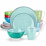 vancasso Kombiservice Porzellan, Tafelservice bunt, Macaron 16 teilig Geschirrset, mit je 4 Speiseteller, Dessertteller, Müslischalen und Kaffeebecher für 4 Personen
