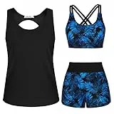 JASAMBAC Damen Tankini,3-teiliger Push-up-Bikini Oberteil und High Waist Badeshorts Einfache Badebekleidung,Damen-Sport-Badeanzug,Bademode für Schwimmbad,Strand