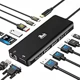 USB C Docking Station 3 Monitore 13 in 1 USB-C Hub mit 2 HDMI 4K@60Hz, 8K@30Hz DisplayPort, VGA, 3 USB 3.1 10 Gbps, PD 100W, Gigabit Ethernet, Multi-Monitor Adapter für MacBook Dell HP, Schwarz