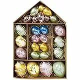 Victor's Workshop 26x Ostereier zum Aufhängen, farbige künstliche Ostereier mit schönen Mustern und Multi-Style für Osterdeko Osterstrauß Osterkörbchen Frühlingsdeko - verchromte Ostereier