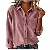EMATOP Damen Langarm Cordbluse Lässiges Einfarbig Hemdbluse Vintage Elegante Bluse Cordhemd Tops Button Down Revers Cordjacke Festliche Baumwolle Blusenshirt Bequem Business Langarmshirt
