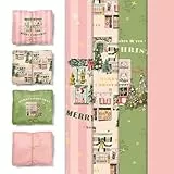 NICROHOME EUR 24 Blatt Weihnachten Geschenkpapier, Salbeigrünes Rosa Seidenpapier mit Weihnachtsbaumhaus-Schneemannsocken-Muster, Geschenkpapier für kleine Geschenke für Weihnachtsfeiern