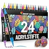 Zenacolor 24 Acrylstifte für Steine wasserfest mit Doppelspitze (feine Spitze und Pinsel) - Acrylstifte verschiedene Oberflächen - Multimarker Acryl