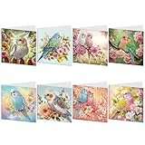 Starnearby DIY Diamond Painting Karten, 8 Stück 5D Diamond Painting Grußkarten, Geburtstagskarten Set Weihnachtskarten, Diamant Painting Blumen Postkarten für Hochzeit (Vögel und Blumen)