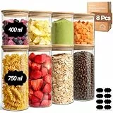 ComSaf Glasbehälter mit Deckel 400 ml×4/750 ml×4,Zylinder Vorratsgläser, Stapelbar Vorratsdosen Glas, Vorratsglas mit Holzdeckel Luftdicht, Aufbewahrungsgläser für Aufbewahrung Küche,Gewürze, Kaffee